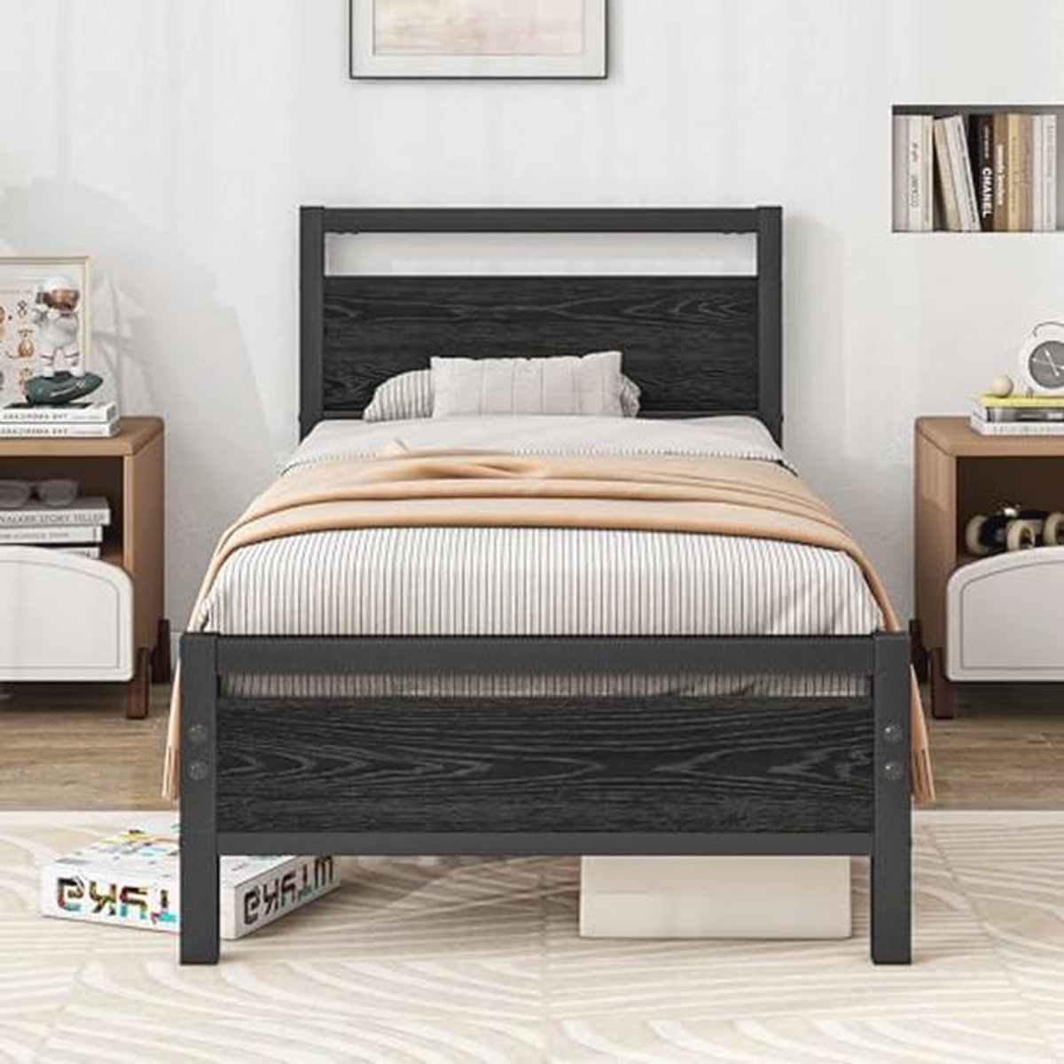 Houten Bedframe 90 x 200 cm met Hoofdeinde en Lattenbodem voor Eenpersoonsbed - Zwart
