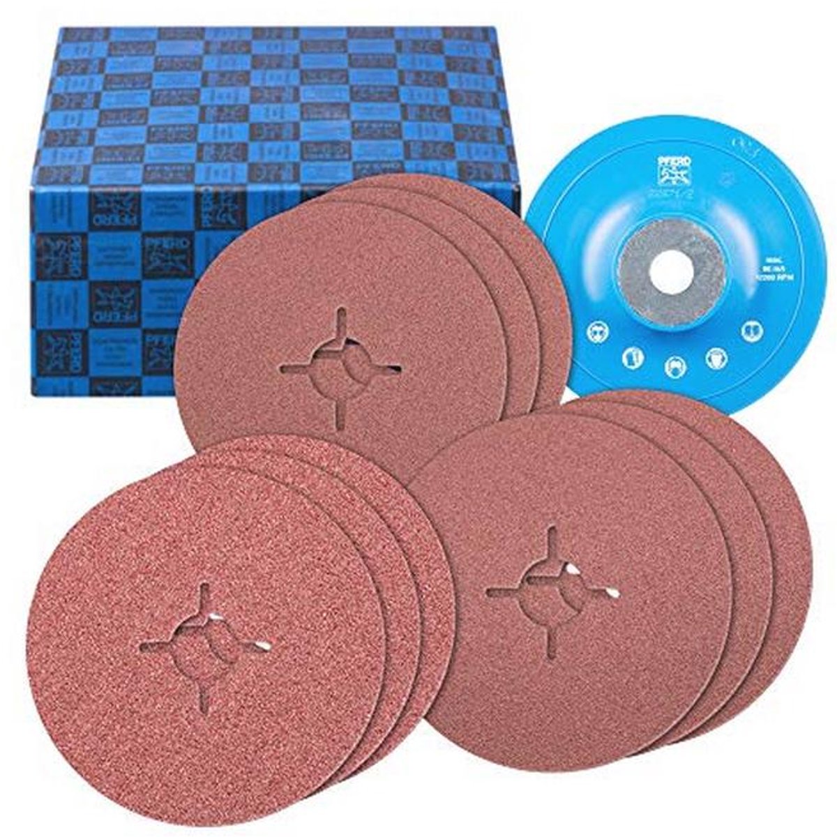 Set van 10 glasvezelschijven met steunschijven - korund Ø125mm A36, 60, 80