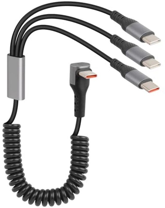 3-in-1 USB C Spiraalkabel - 90 Graden Coiled, Snellaadkabel tot 66W voor Mobiele Apparaten en Bluetooth Hoofdtelefoons