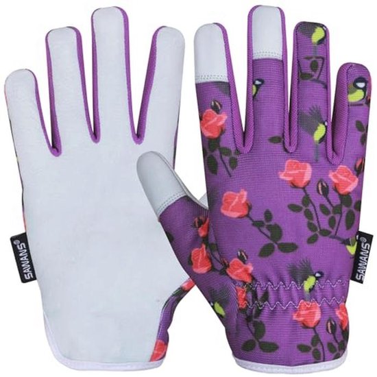 Paarse tuinhandschoenen met roze rozen en vogels, witte handpalm.