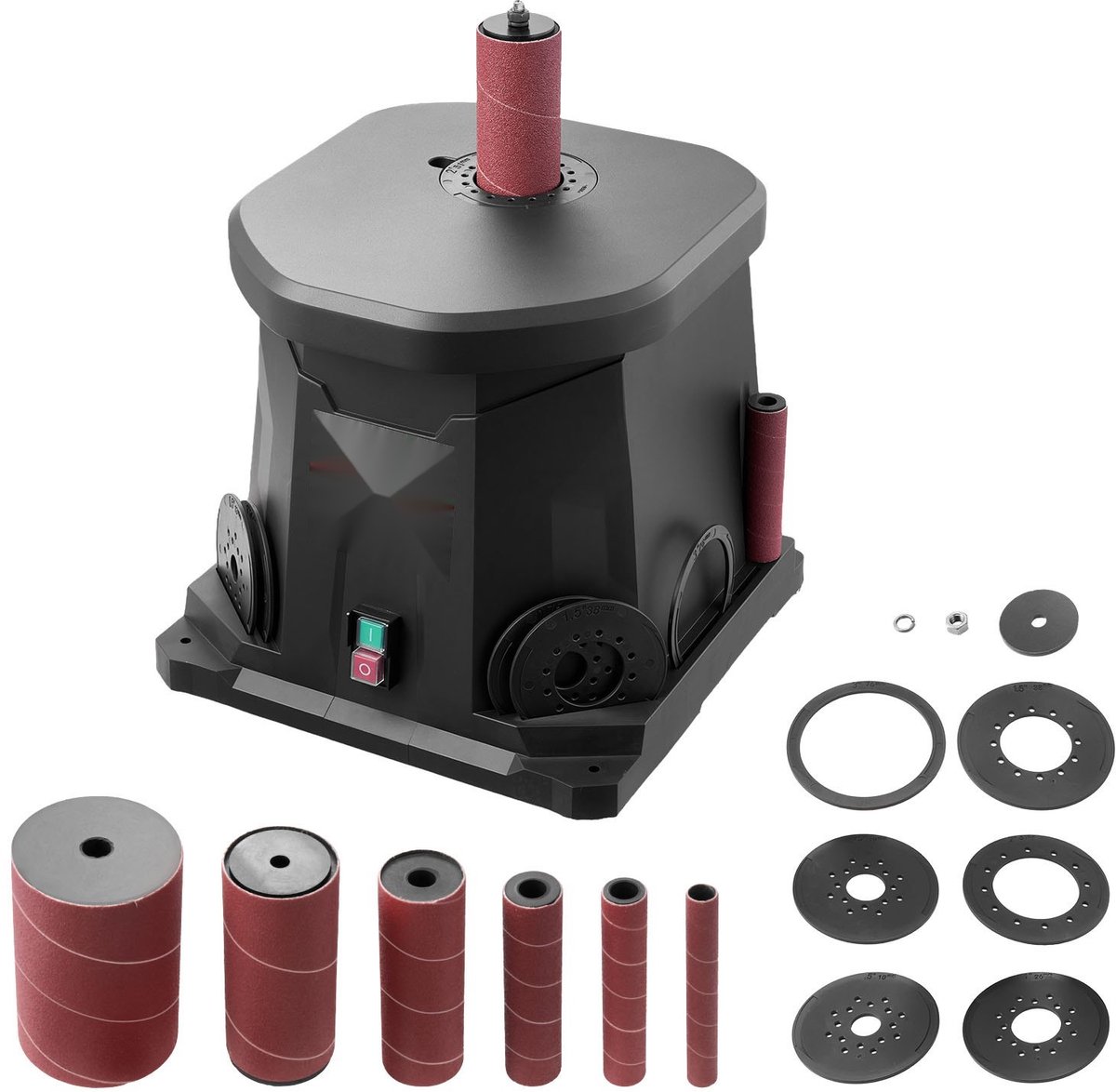 Oscillerende spindelschuurmachine - Tafelmodel - Snelheid 2000 tpm - Set met 6 schuurhulzen 12,7–76,2 mm - Oscillatieslag 15 mm - Stofafzuigaansluiting