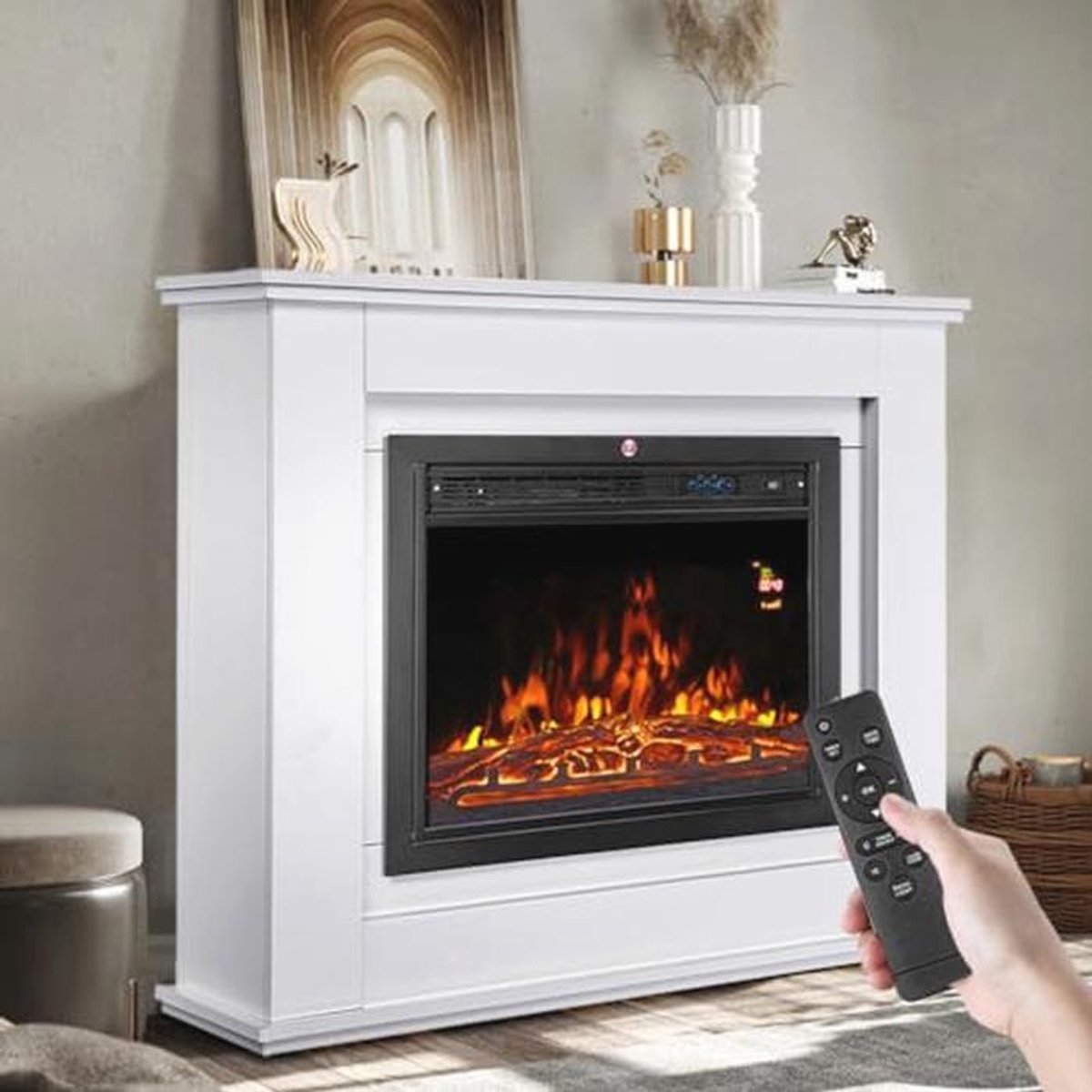 Elektrische Haard met Houten Frame - Wandmontage, 2000 W, Stille Verwarming met 13 Kleuren