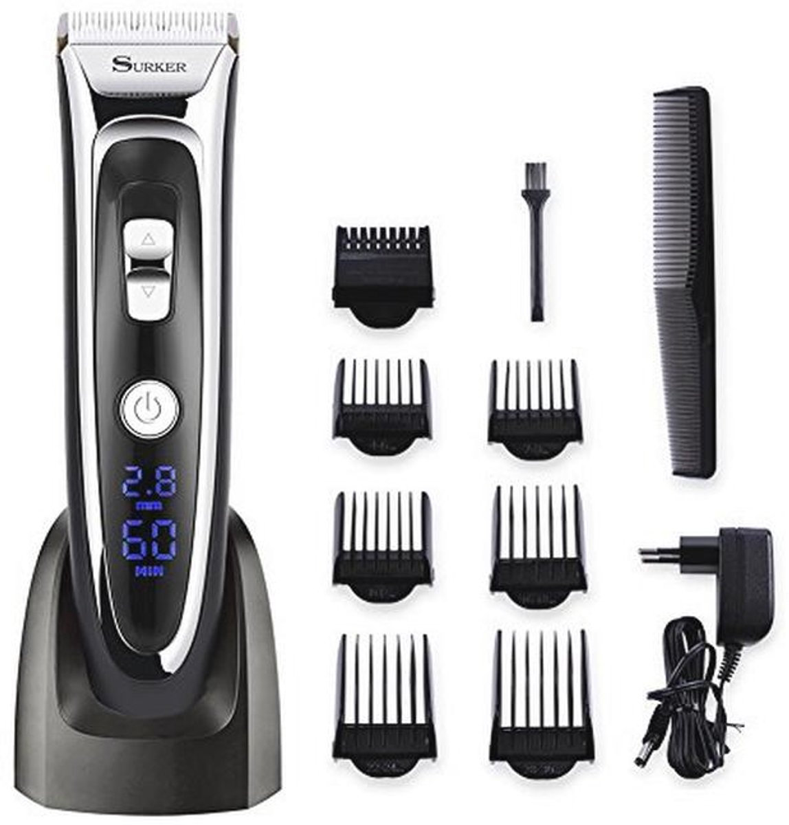 SURKER Haartrimmer, baardtrimmer, elektrisch, zonder professioneel, met 7 opzetstukken, led-display, voor kinderen, volwassenen, senioren, professionele salon