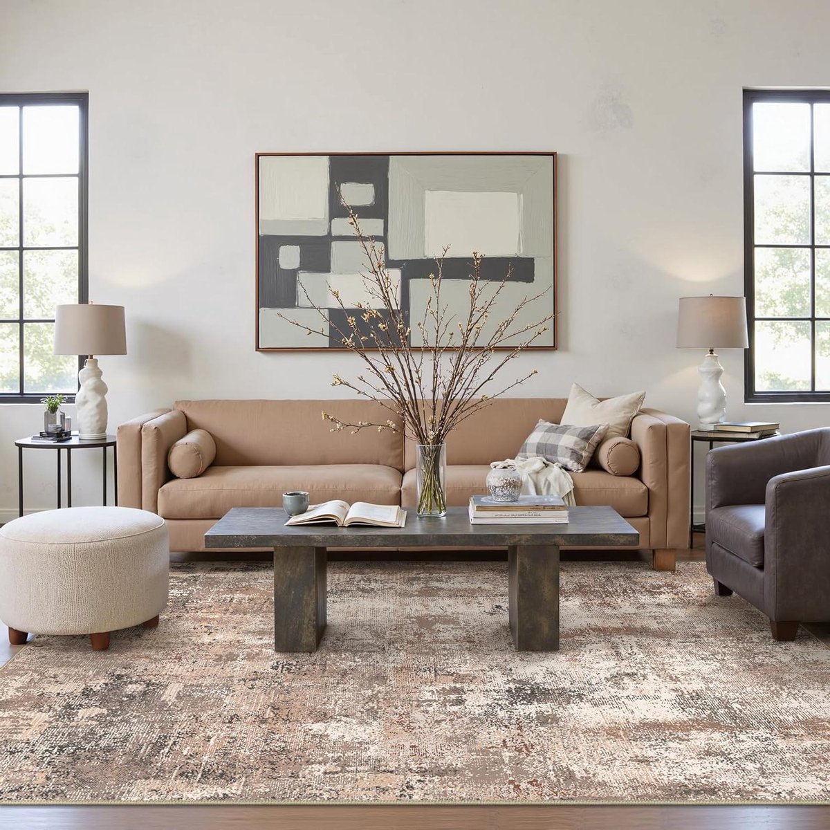 Provento - Kort Vloerkleed 160x230cm, Pool voor Woonkamer en Slaapkamer, Antislip en Wasbaar Tapijt - Abstracte Print voor Keuken, Badkamer, Hal en Kantoor - Taupe Kleur