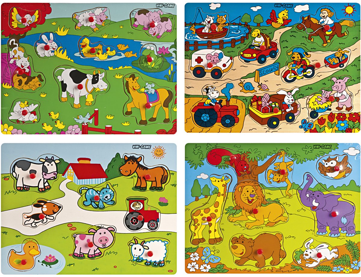Viga Houten Puzzels - Dieren en Voertuigen Puzzel - 4 Stuks, 8 tot 10 Stukjes per Puzzel, 22,5x30 cm - Educatief Speelgoed voor Kinderen van 2+ Jaar