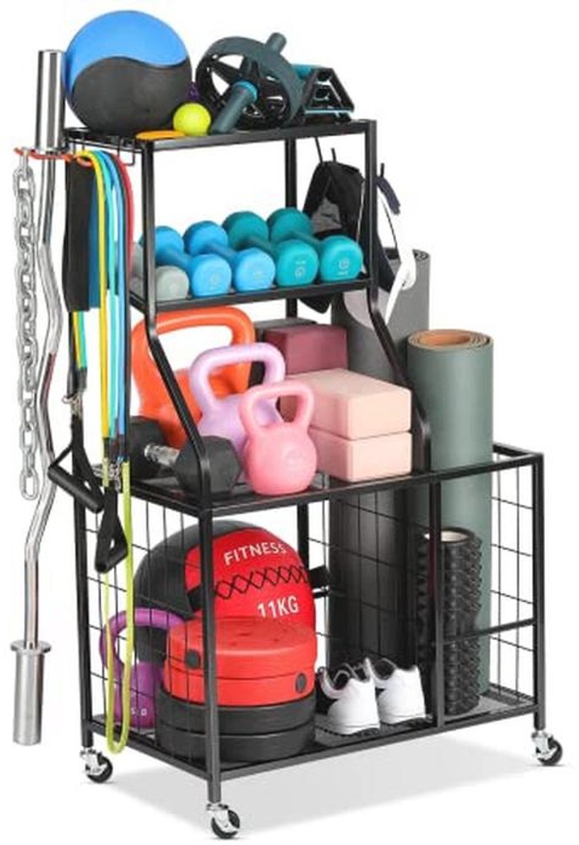 Multifunctioneel Gewichtsrek voor Thuis Gym - Opbergrek voor Kettlebells, Dumbbells en Yogamatten met Wielen en Haken