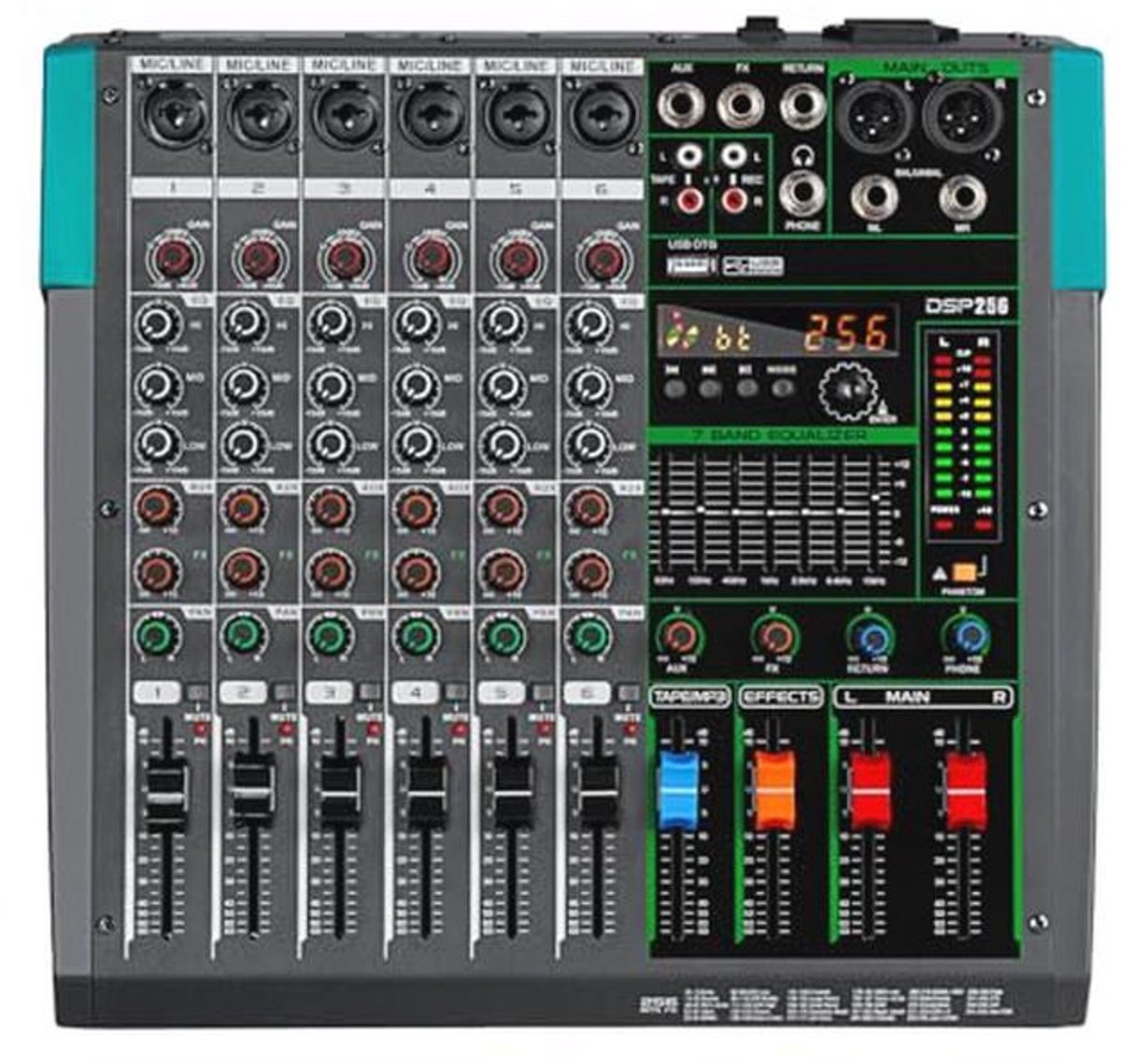 Professionele DJ Audio Mixer met 6 Kanalen, 256 DSP Effecten, 48V Fantoomvoeding, USB & Bluetooth