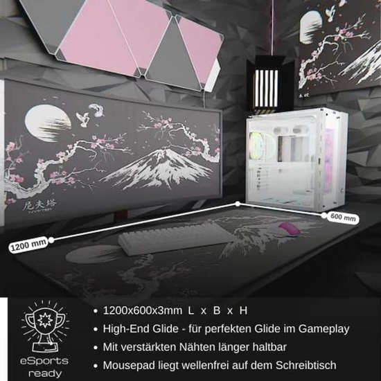 Grote Gaming Muismat Sakura Zwart - 1200 x 600 mm Premium Mouse Pad met Genaaide Randen en Anti-slip Onderkant — afbeelding 4