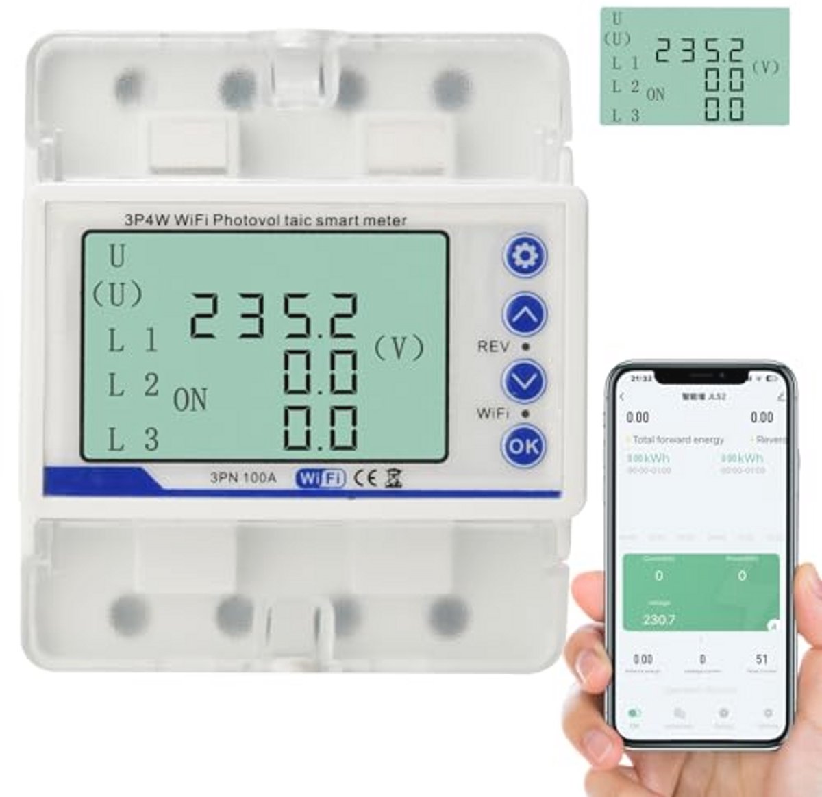 Elektrische Vermogensmeter WiFi met Automatische Schakelaar en Herstartbeveiliging - Driefasige Digitale Stroommeter LCD 100 A 380 VAC