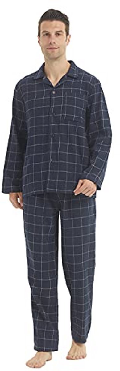 Heren Pyjama Set Zachte Flanel Katoen Lange Mouwen Geruite Nachtkleding Loungewear