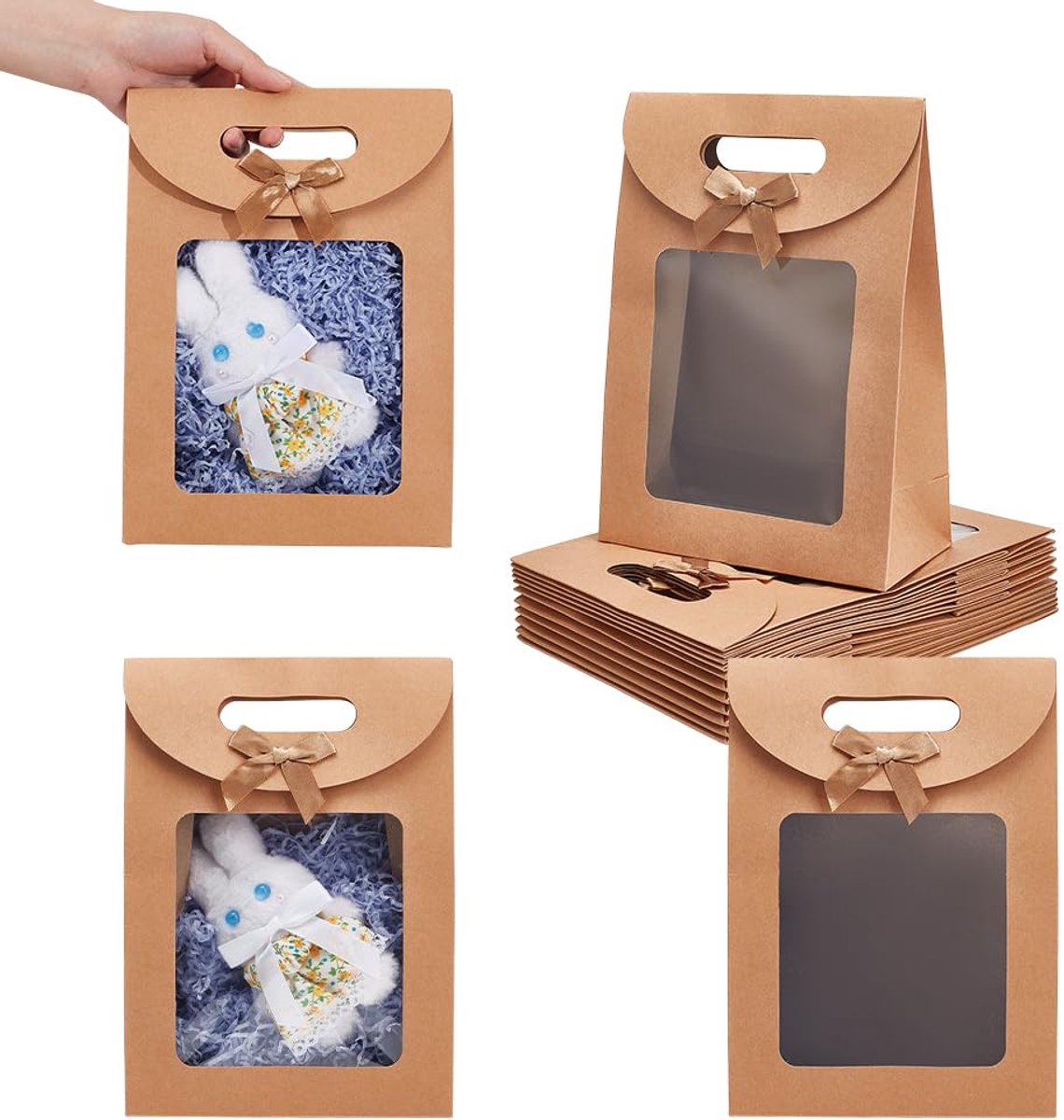 12 Stuks Bruine Kraft Papieren Tassen, Staande Cadeautassen met Handvatten en Transparant Venster voor Snoep Koekjes Verpakking Bruiloft Kerstfeest Winkel Retail, 26x19×9.2cm