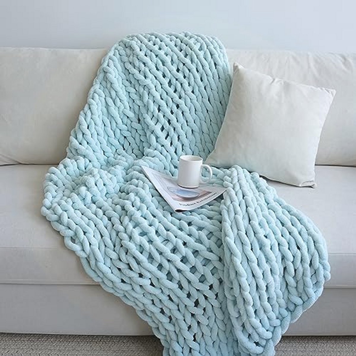 Chenille Grof Gebreide Deken - Handgemaakte Warme en Gezellige Deken voor Bank en Bed - Zachte Ademende Fleece Plaid - Babyblauw