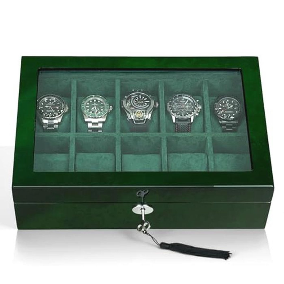 Horlogedoos voor mannen 10 horloges organizer case, smart horloge display, hout met zacht fluwelen interieur, groot glazen venster, cadeau voor vrouwen en mannen