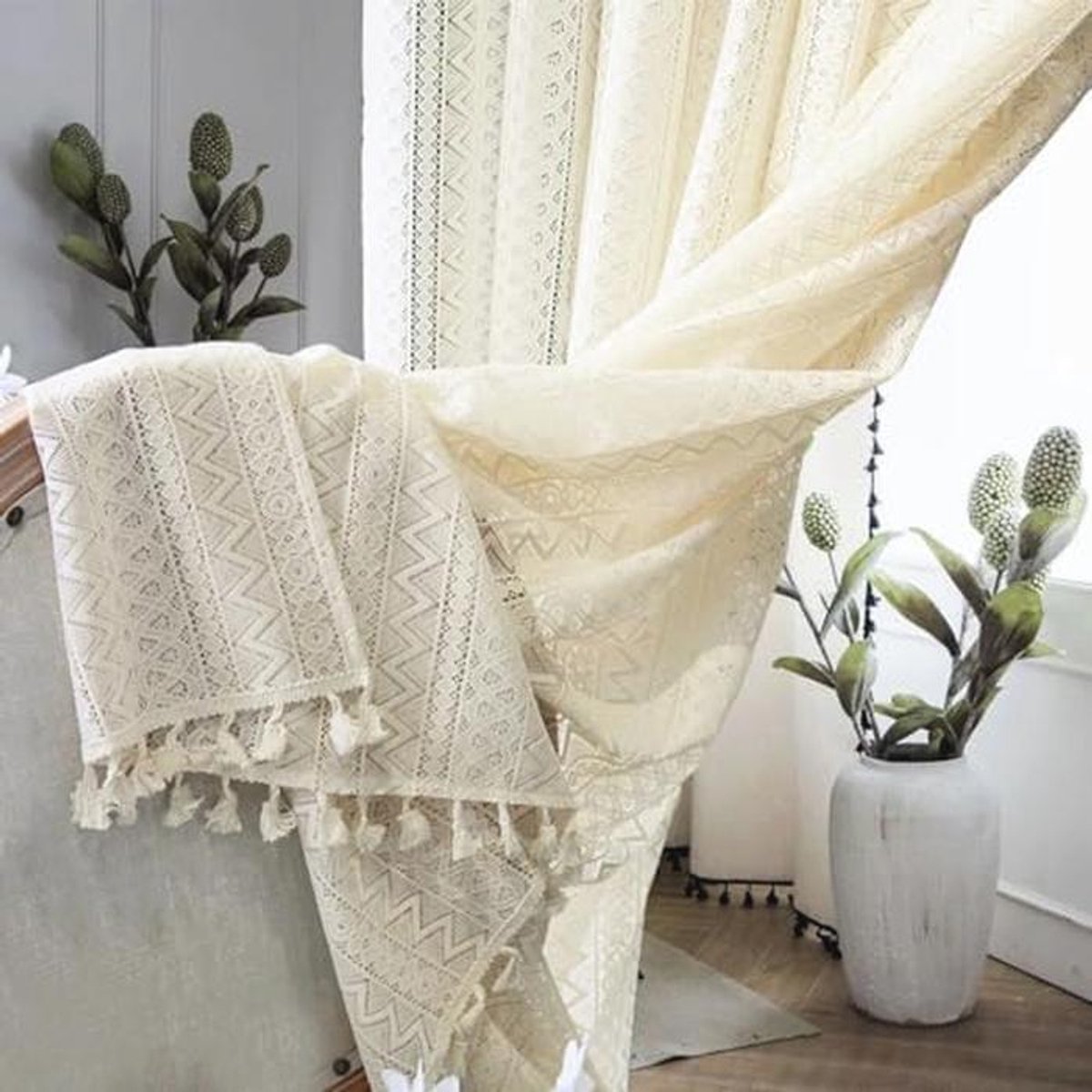 Vintage Boho Gordijnen Set van 2 - Transparant Beige voor Woonkamer en Slaapkamer