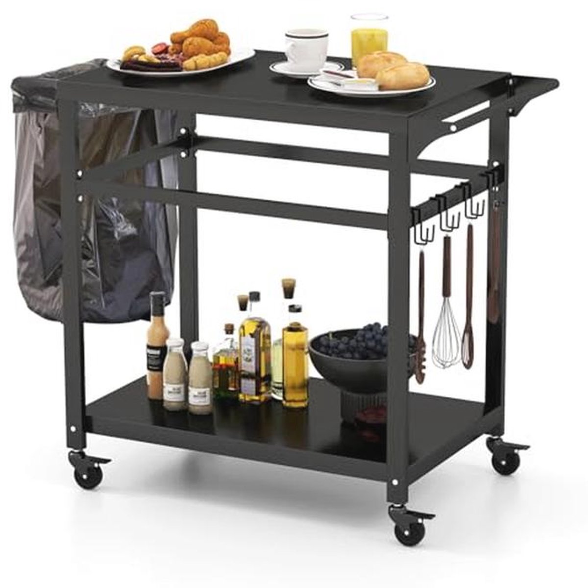 Serving trolley voor buiten en grill, met werkblad, 2 planken en haken