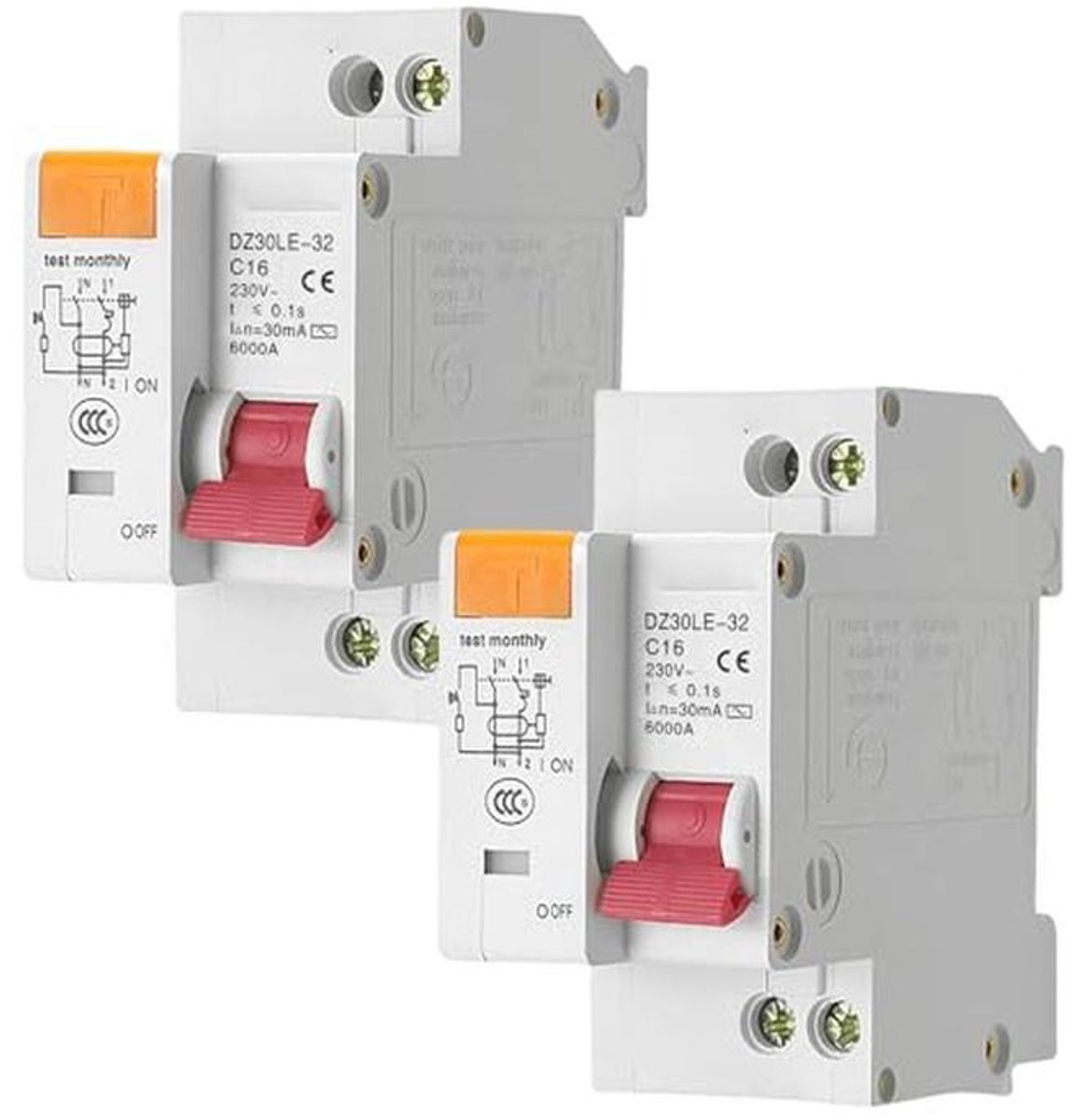 Stroomonderbrekers 16A 230V 30mA C16 - 1P+N Aardlekschakelaar met Overbelastingsbeveiliging - 2 Stuks