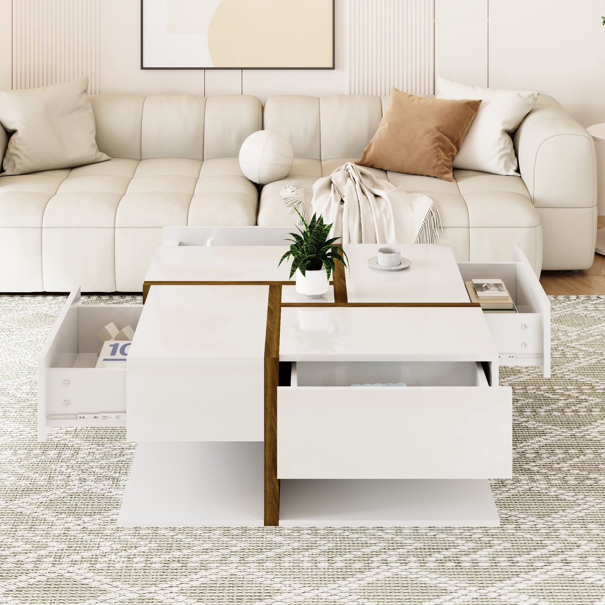 Wishdor Salontafel vierkant hoogglans met vier lades, uniek lijn- en kleurpatroon, ruime onderplank, 78×78×34,8 cm Wit