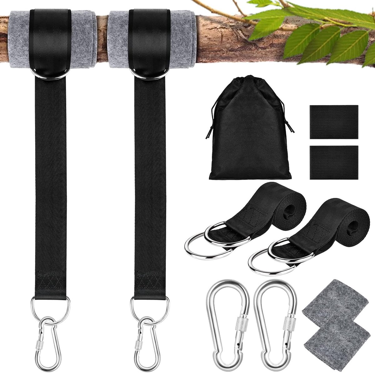 Schommelbevestiging, hangmat, ophanging, hangstoel, bevestiging, schommel, ophanging, riemset, boomschommel, bevestigingsset, schommelophangriemset, draagvermogen tot 1000 kg - 2 m