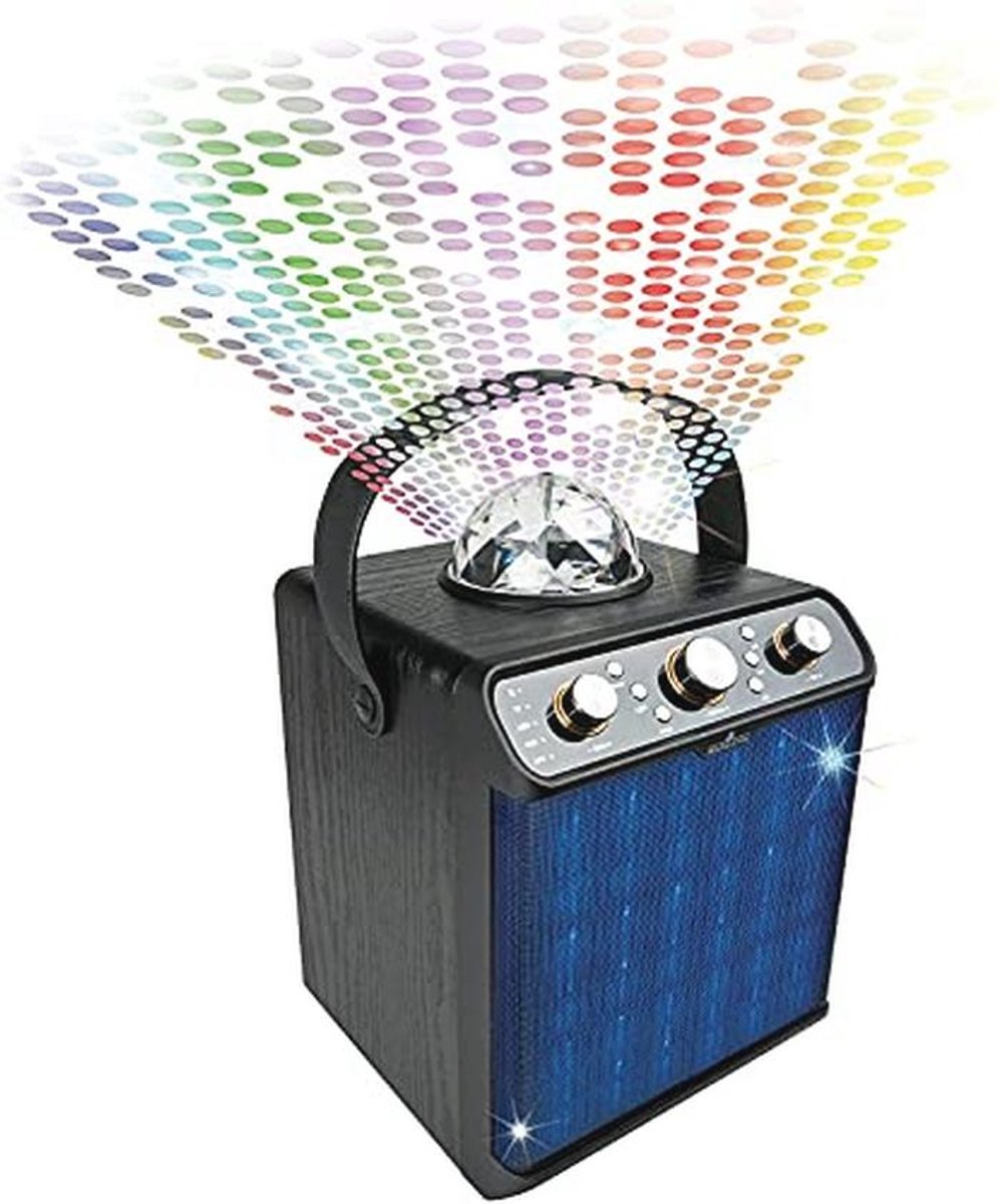 Draagbare Bluetooth Speaker met Disco Licht en Karaoke Functie | 30W Stereo | FM Radio | AUX | USB | Micro-SD | Houten Kast