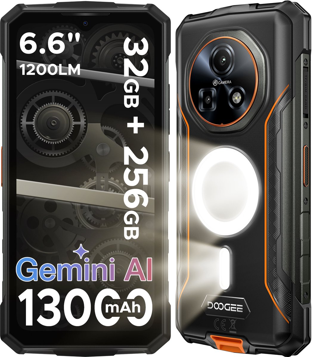 DOOGEE Fire 5 Ultra-AI Robuuste Smartphone-32GB RAM - 256GB ROM-6,6 inch 90 Hz-Robuuste Telefoon - IP68 Waterdicht -1200-lumen kampeerlamp-13000 mAh- Gemini AI-gezichtsherkenning- Android 15 - NFC - GPS-Oranje