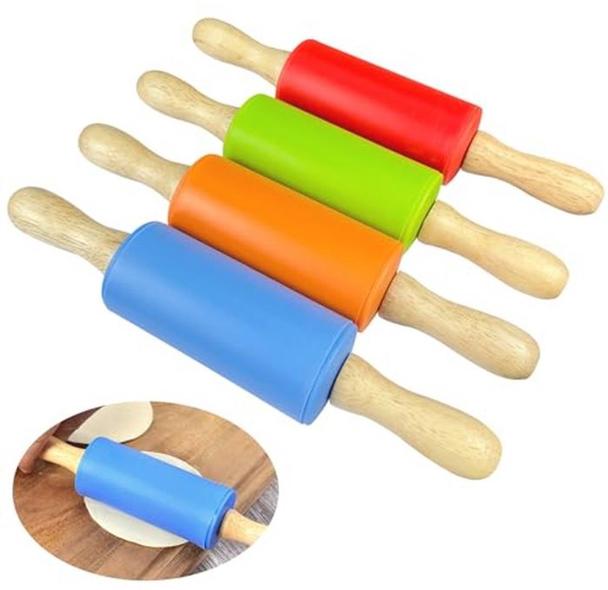 Set van 4 kinderdeegrollers - 22 cm silicone en hout voor bakplezier