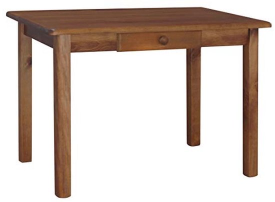 Houten eettafel met een enkele lade en een knop, op vier poten.