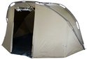 Bruine tent met openstaande voordeur en zwart grondzeil.