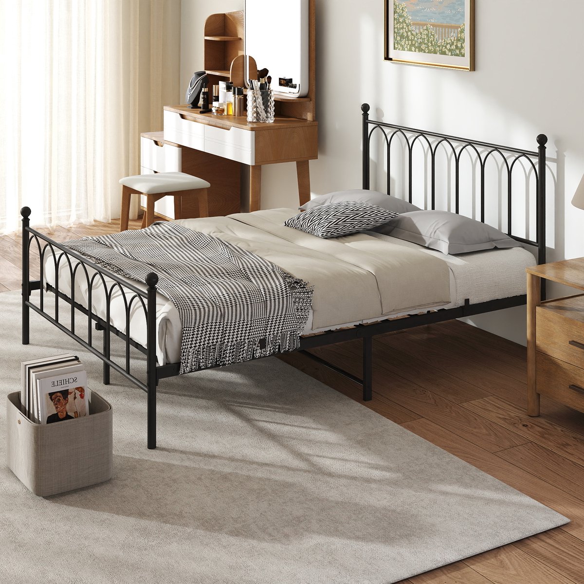 Wishdor Metalen tweepersoonsbed 140x200 cm zwart met stevige stalen latten, stille constructie en opbergruimte onder het bed