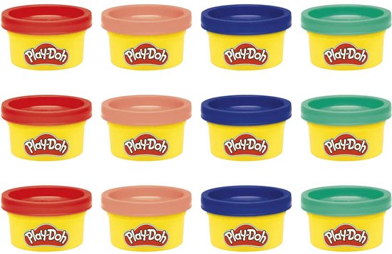 Twaalf gele potjes Play-Doh met rode, lichtroze, blauwe en groene deksels.