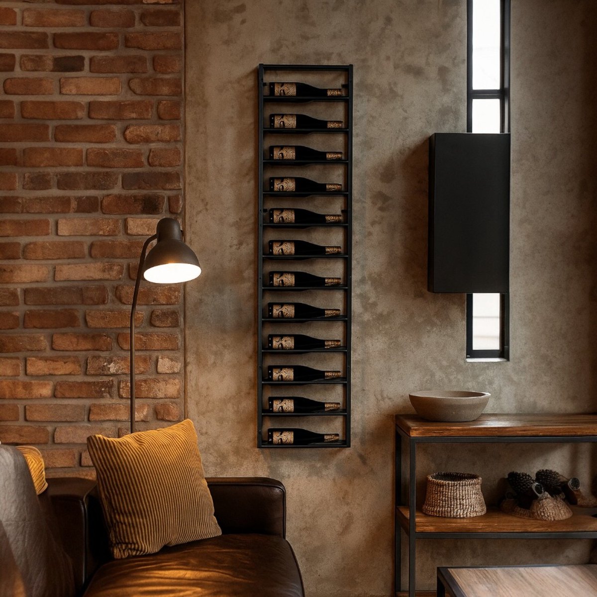 Lendo Online Wijnrek voor aan de muur - 12 flessen - Industrieel - 39x10x164cm (BxDxH) - Wandrek - Flessenrek - Hangend wijnrek - Muurrek - Poedercoat Staal - Zwart