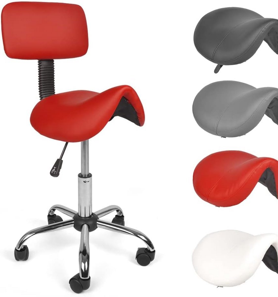 Ergonomische Zadelkruk Rood met Rugleuning en Wielen - In Hoogte Verstelbaar