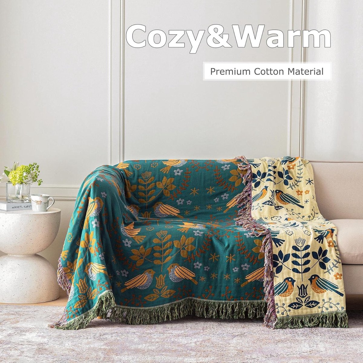 Sofa plaid - Bedsprei - bank deken - Deken - Vogel- en bloemenprint - 150×200cm - Katoen - Groen — cadeau in Wonen & Interieur - foto 2