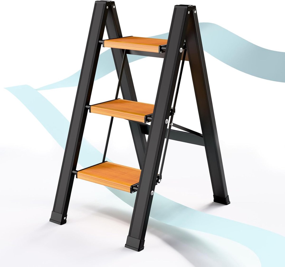 Inklapbare Trapladder - Vouwladder Huishoudladder - Huishoudelijk Werk - Verbrede Antislip Treden - 3 Treden - Zwart Houtnerf