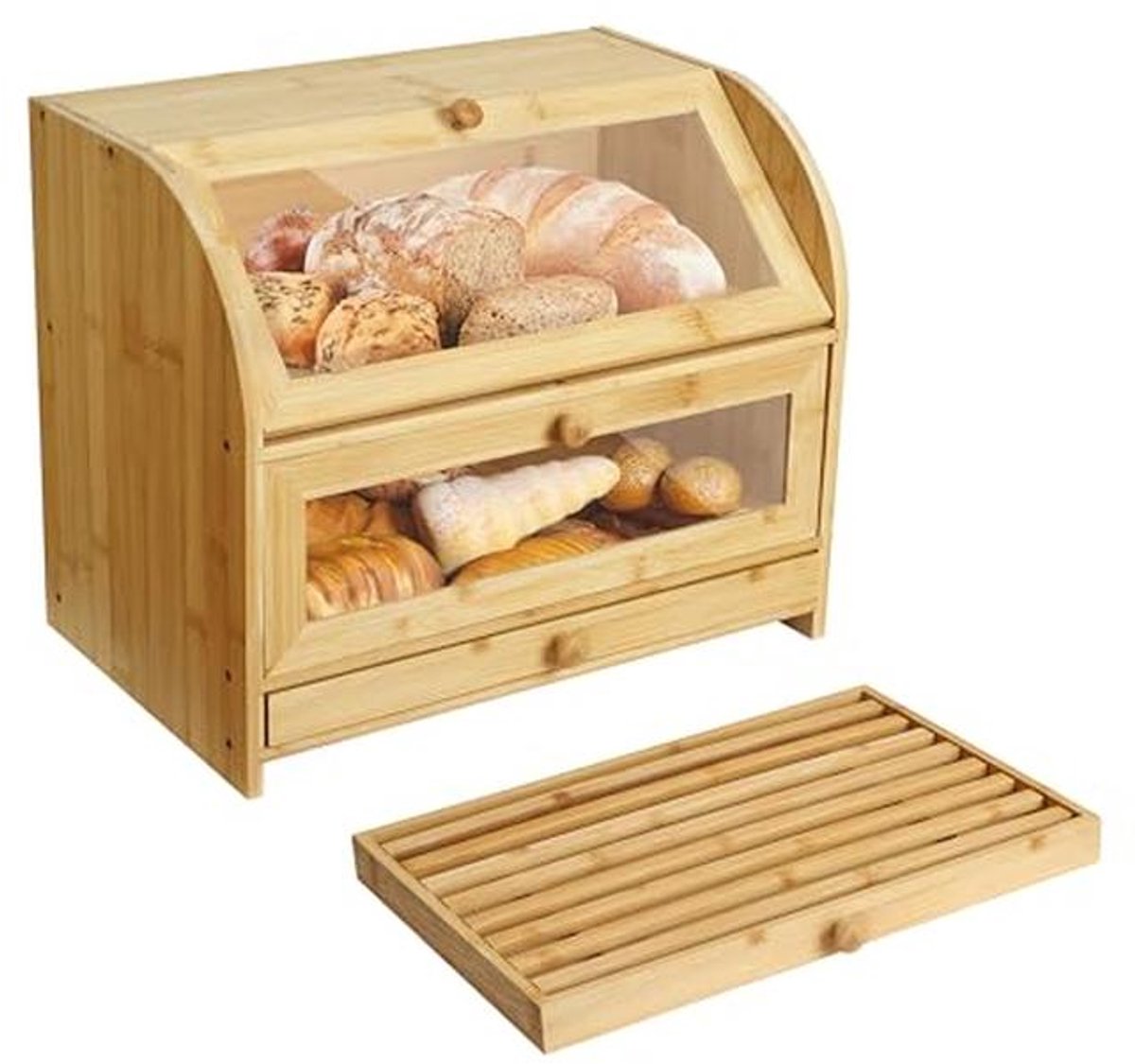 Houten Broodtrommel met 2 Etages en Lade - Grote Broodtrommel met Broodsnijplank