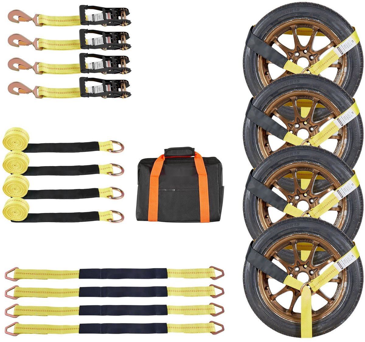 Wielbevestigingsband - Wielspanband met veerhaken - Afmeting 5 cm x 3,66 m - Treksterkte 4540 kg - Draagvermogen 1512 kg - Voor auto, SUV, aanhanger, motorfiets