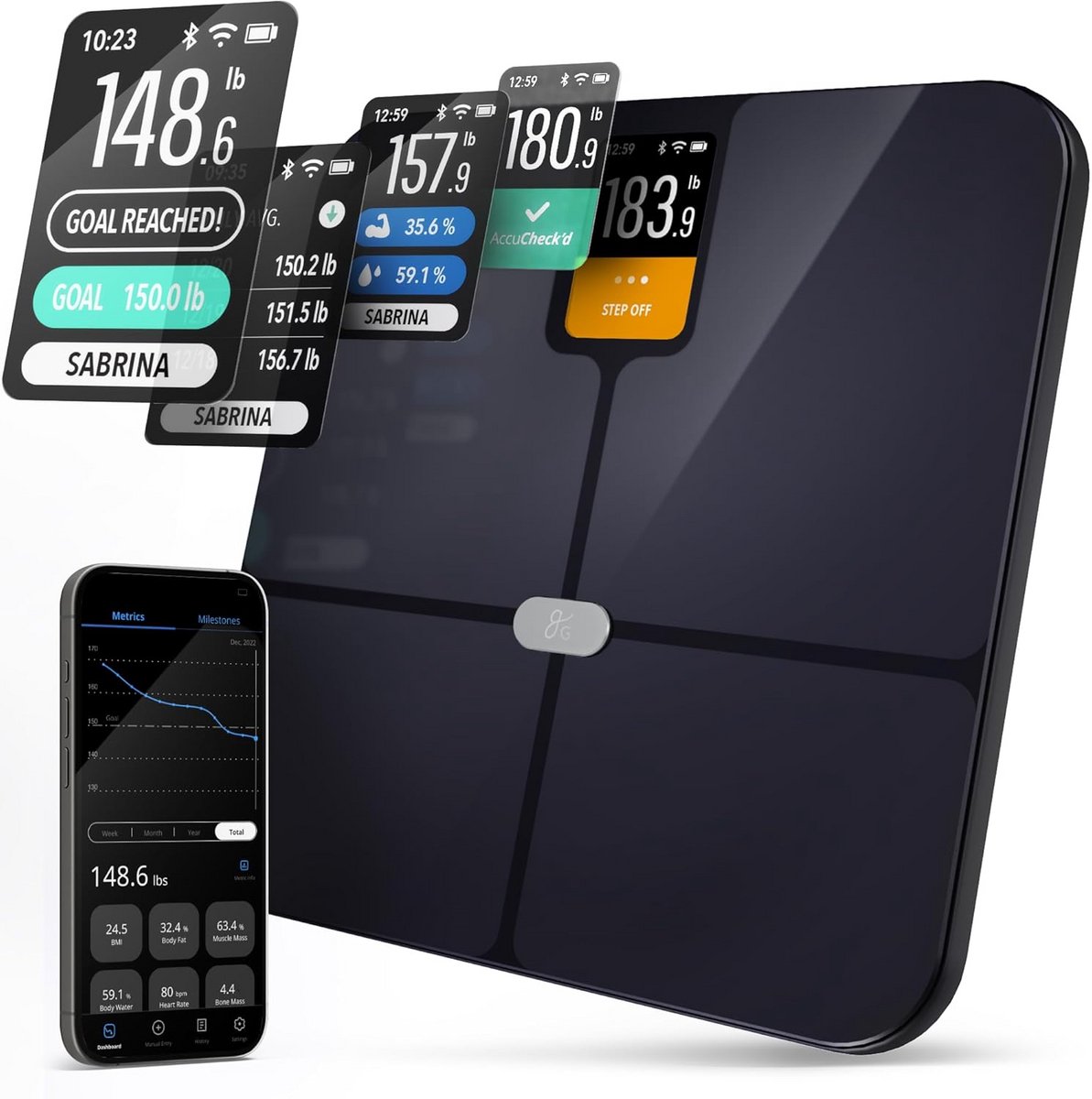 Slimme badkamerweegschaal met app-integratie - 10 gebruikersprofielen, groot display, nauwkeurige lichaamssamenstelling via Bluetooth en wifi