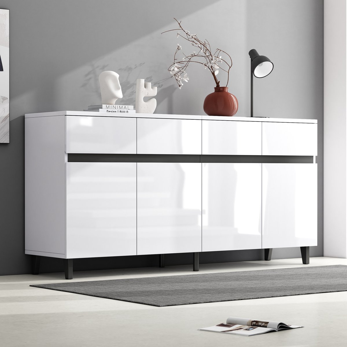 REDOM - Dressoir - Spaanplaat - Hoogglans afwerking - 160 cm B x 40 cm T x 68 cm H, White