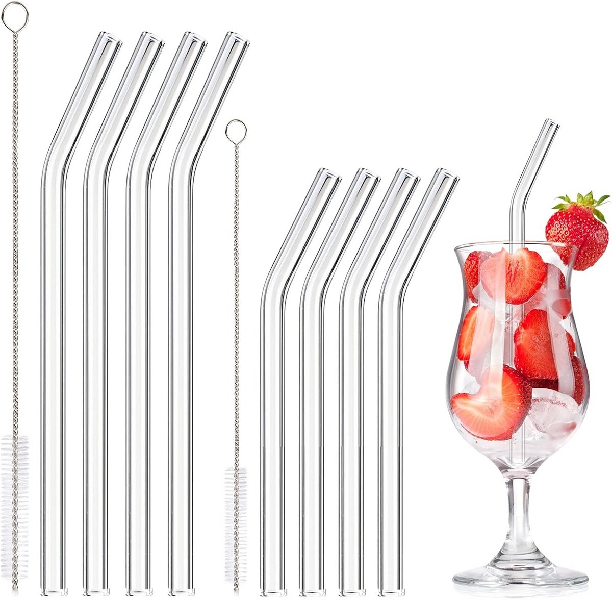 Set van 8 Gebogen Herbruikbare Glazen Rietjes - Incl. Poetsborstels