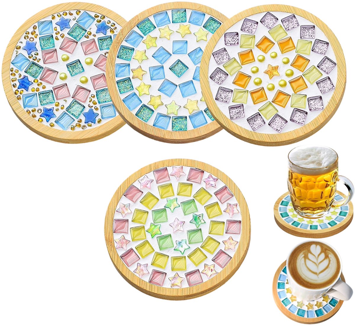 Handgemaakte MozaïEk Onderzetters Set Van Vier Handgemaakte MozaïEk Onderzetters DIY Houten Onderzetters Kit Handwerk Cadeauset Verjaardagscadeau Voor Volwassenen En Kinderen Nieuwjaarsfestival Handgemaakt DIY