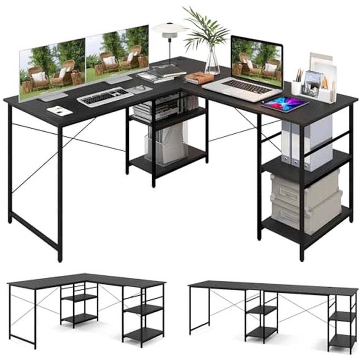 L-vormig bureau met planken - omkeerbaar hoekbureau voor thuis en kantoor