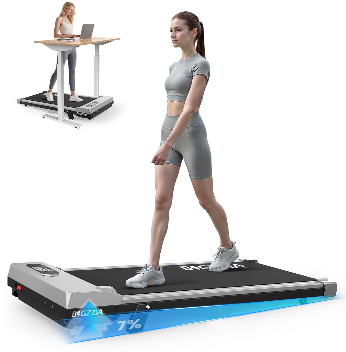 BIGZZIA Loopband draagbaar met 7% helling - 3-in-1 Walkingpad Elektrisch - loopkussen 1-8 km/u instelbaar - Motor 2,5 pk - met afstandsbediening en LCD-display - 130 kg draagvermogen - Treadmill zilver