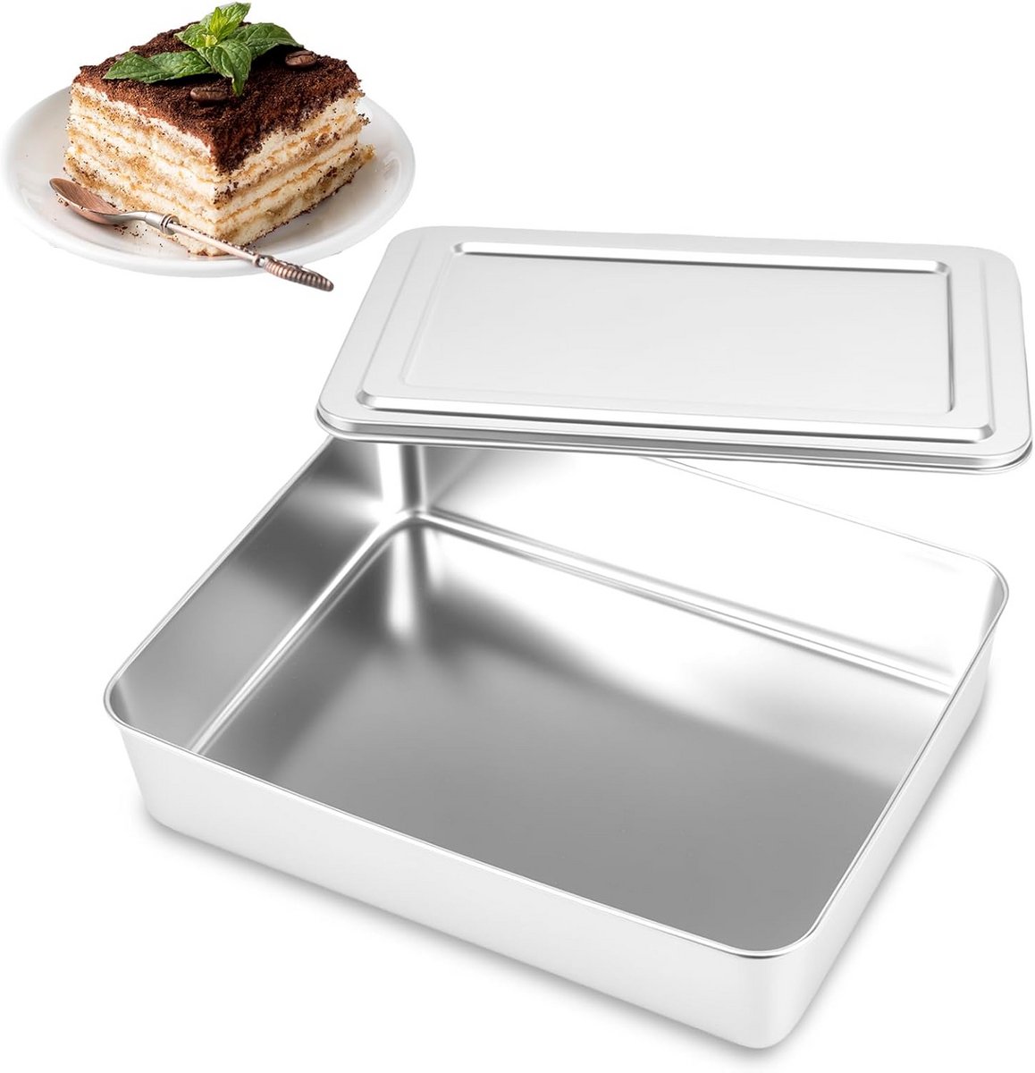 Roestvrijstalen Bakplaat met Deksel Rechthoekig Ideaal voor Taart Tiramisu en Conservatie
