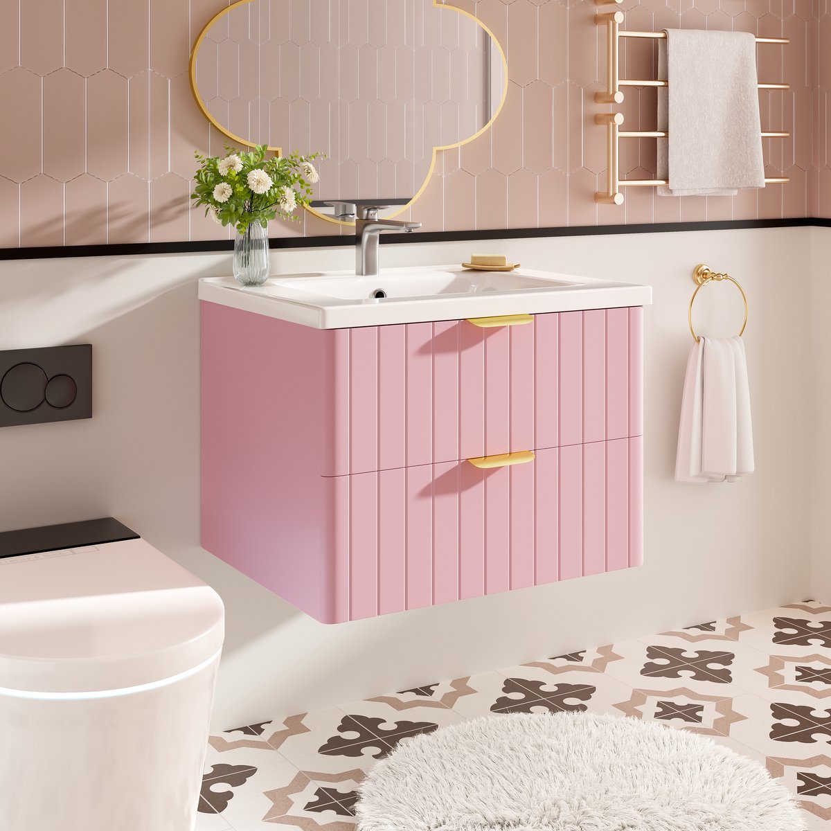 HAUSS SPOLE Wastafelmeubel Hangend - Enkel Wastafel met Dubbele Opbergruimte - Vochtbestendig MDF Melamine - Keramische Vuilafstotende Wastafel - Roze Wit