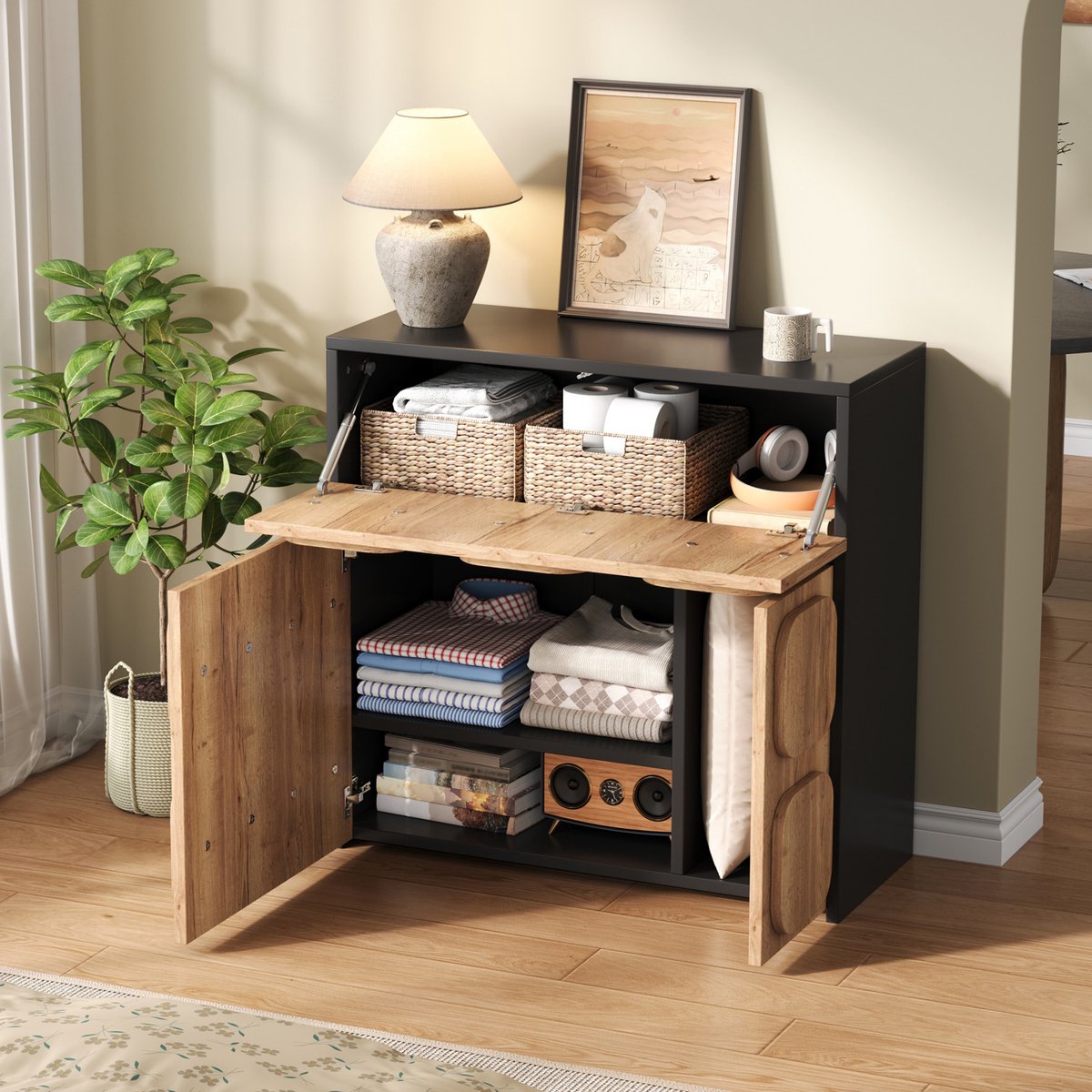 OKWISH Dressoir – Retro Houtlook Zwart Korpus – Modulair Deurontwerp 4 Vakken – Houtnerf Voor Woonkamer Eetkamer Hal – 79.6x34.8x81.5 cm – MDF Lichtbruin Houtkleur