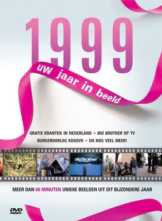 DVD-hoes met het jaartal 1999, een roze lint en een collage van foto's, waaronder Big Brother.