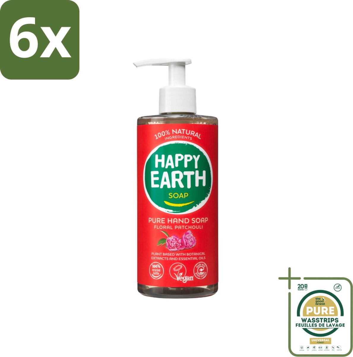 Happy Earth – Handzeep – 100% Natuurlijk Floral Patchouli – 300 ml - Voordeelverpakking - 6 stuks - Handzeep met patchouli - Bloemige handzeep