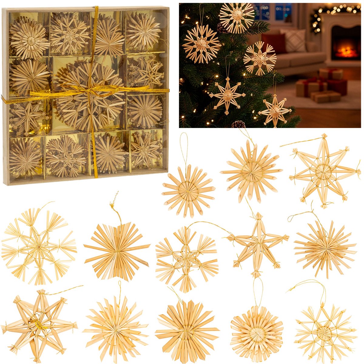 Springos Kerstballen | 48 Stuks | Stro | Kerstversiering | Bruin