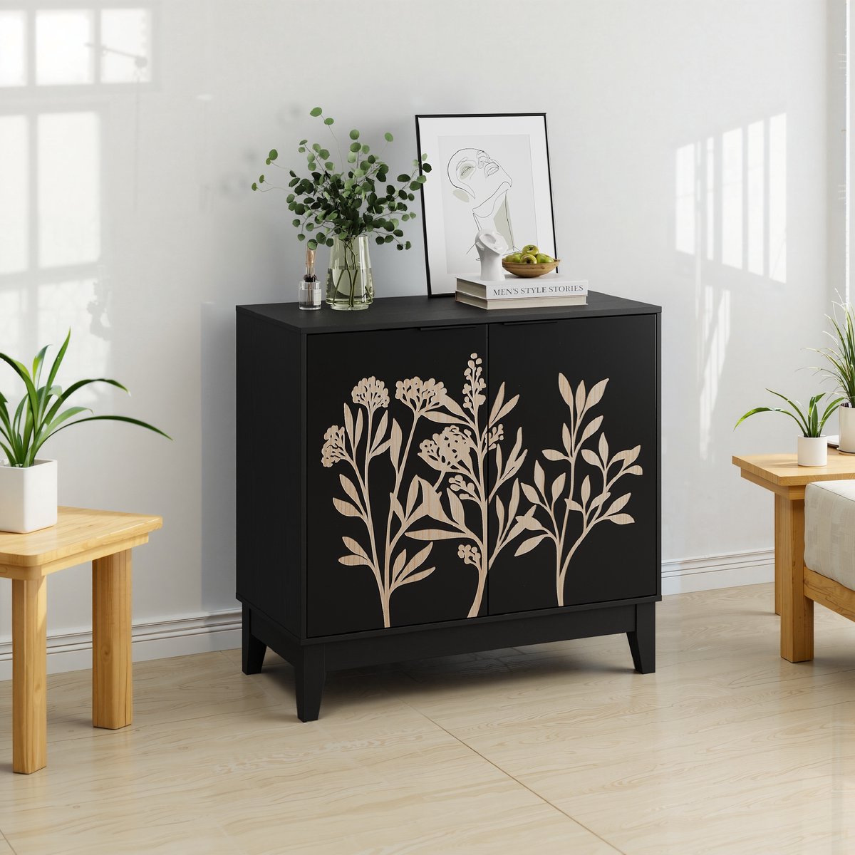 REDOM Vintage dressoir 80 cm met bloemensnijwerk — 2 deuren, verstelbare planken, waterbestendig MDF, zwart Black