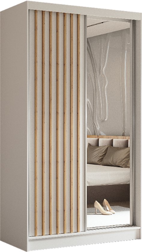 Easy4You MN Grijs Schuifdeurkast Kledingkast 250x215x62 cm met spiegel - Slaapkamermeubels, Opbergkast – Multifunctionele kast met 3 kleerhangers en 3 laden