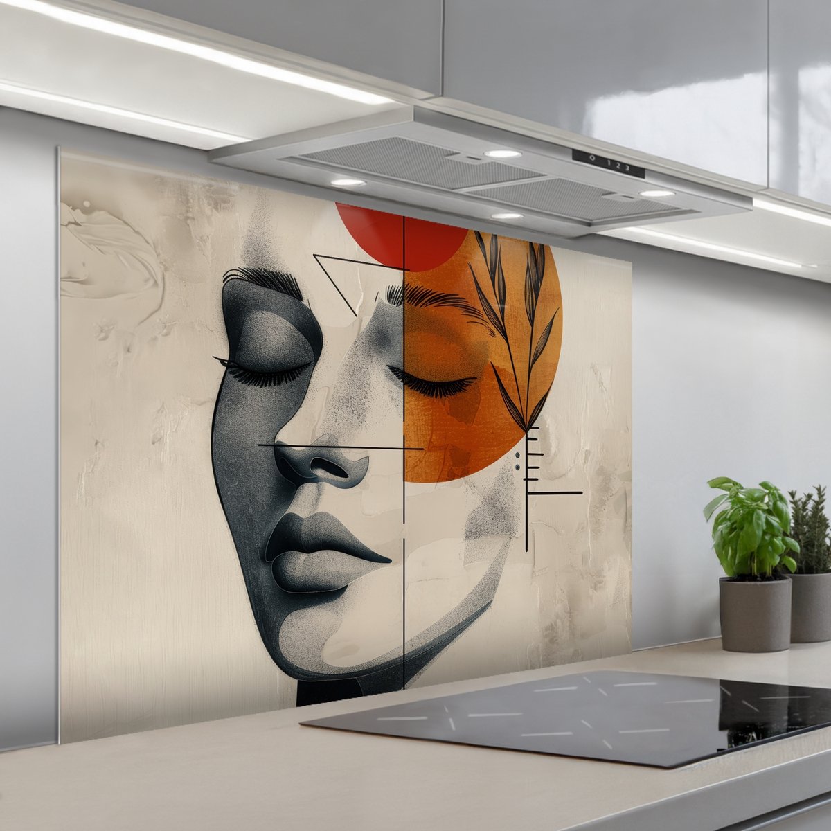 Spatscherm 100x75 cm - Zelfklevende achterwand Gezicht - Cirkels - Kunst - Modern - Keuken muurbeschermer - Spatwand fornuis